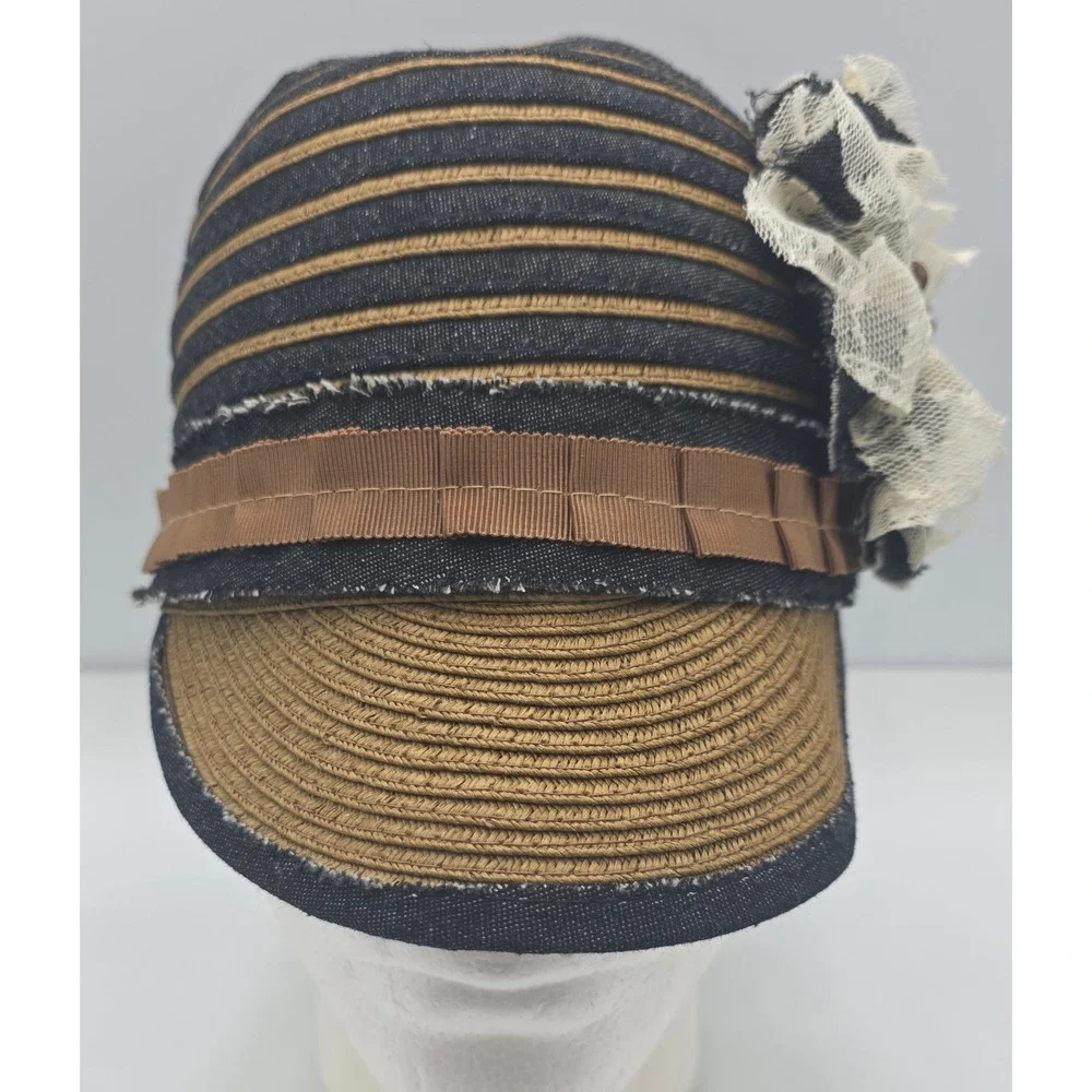 Grace Hats Cloche Newsboy Cap 57cm Blue Brown‎ Lace Flower Denim